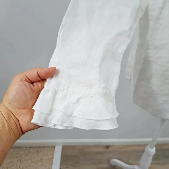 Talbots White Irish Linen Blouse Embroidered Ruffle Sleeve Womens Size Large - Picture 3 of 10